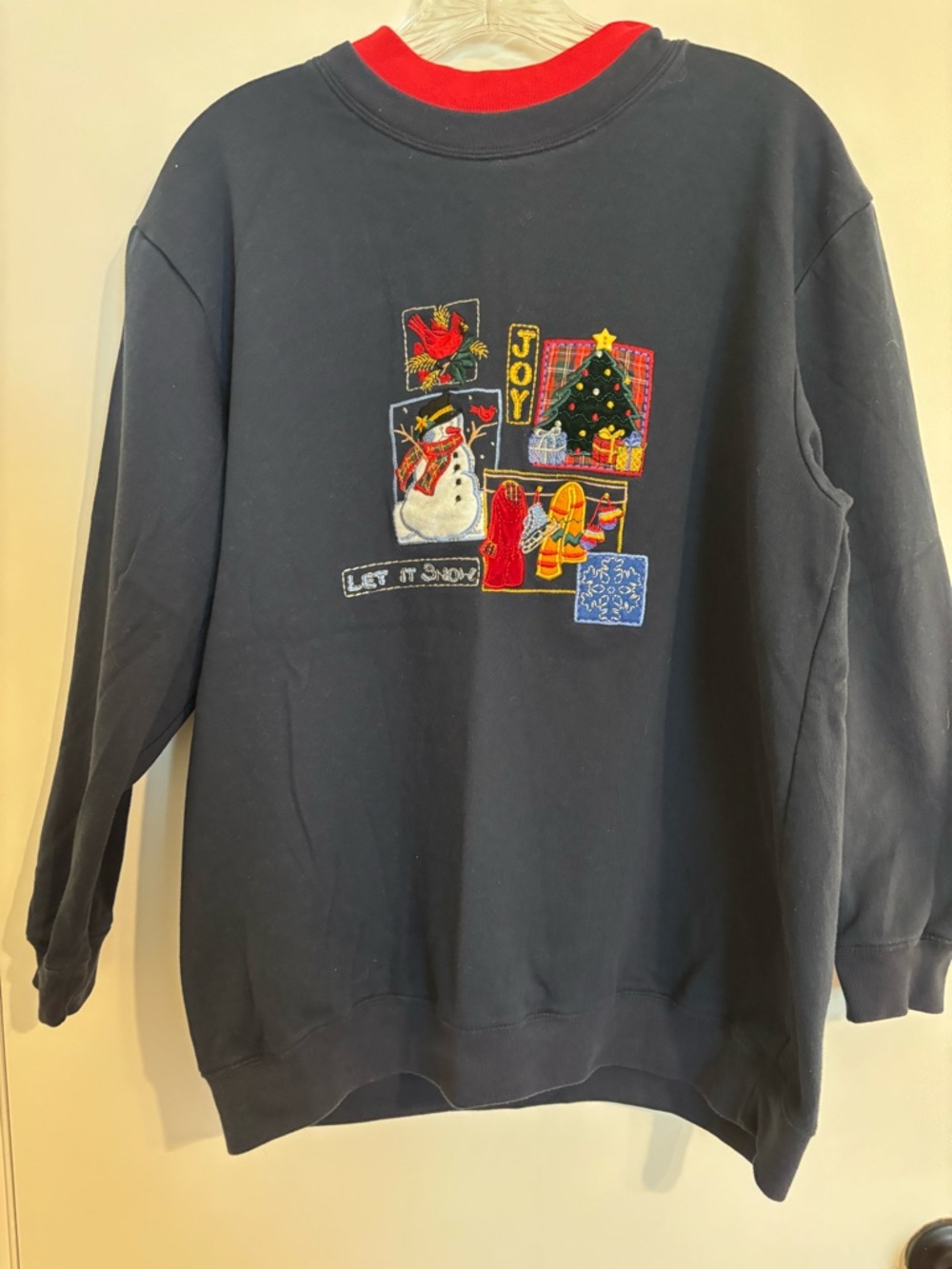 Vintage Christmas Embroidered Crewneck Sweatshirt - Navy with Red Trim
